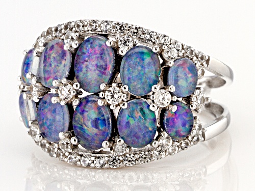 Oval Australian Opal Triplet With .76ctw Round White Zircon Rhodium Over Silver Band Ring - Size 7