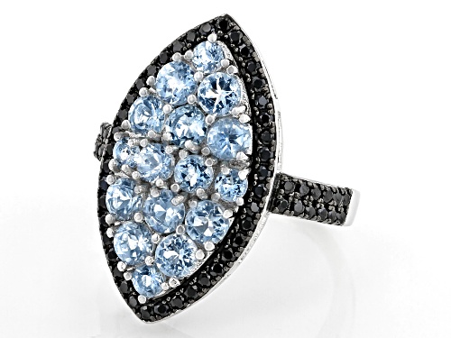 1.62ctw round aquamarine with .59ctw round black spinel rhodium over silver marquise shape ring - Size 10