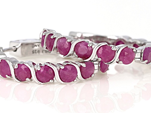 6.60ctw Round India Ruby Rhodium Over Sterling Silver Sterling Silver Hoop Earrings