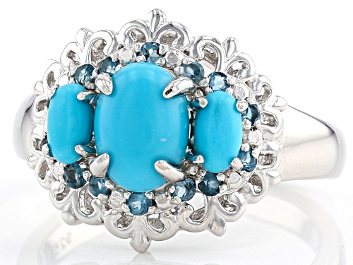 Oval Sleeping Beauty Turquoise & .24ctw Round  London Blue Topaz Rhodium Over Silver 3-Stone Ring - Size 9