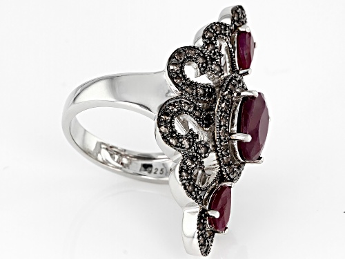 2.84ctw Mixed Shape Indian Ruby with .51ctw Round Smoky Quartz Rhodium Over Sterling Silver Ring - Size 8
