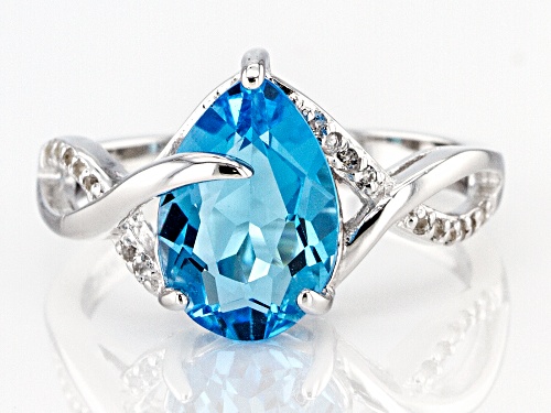 3.59ct Pear Shape Swiss Blue Topaz & .11ctw Round White Topaz Rhodium Over Sterling Silver Ring - Size 9