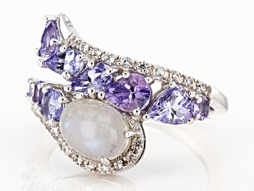 8x6mm Oval Rainbow Moonstone, 1.36ctw Tanzanite and .15ctw White Zircon Rhodium Over Silver Ring - Size 7