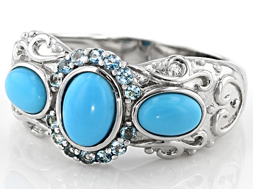 7x5mm and 6x4mm Oval Sleeping Beauty Turquoise W/.24ctw Swiss Blue Topaz Rhodium Over Silver Ring - Size 8