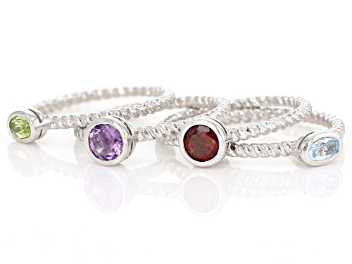 1.32ctw Oval & Round Multi-Color Mixed Gemstone Rhodium Over Silver Set of 4 Stackable Rings - Size 8