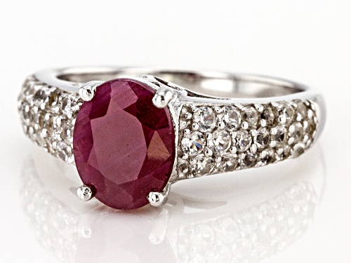 1.78CT OVAL INDIAN RUBY WITH .81CTW ROUND WHITE ZIRCON RHODIUM OVER STERLING SILVER RING - Size 10