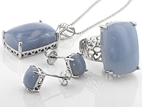20x14mm and 8x6mm Rectangular Angelite Rhodium Over Silver Ring, Earrings & Pendant w/Chain Set