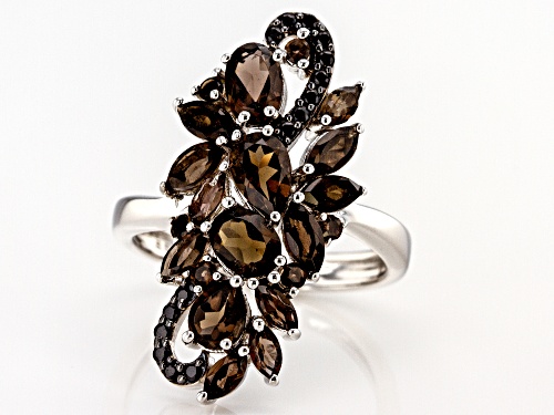 2.27CTW MIXED SHAPES SMOKY QUARTZ WITH .13CTW BLACK SPINEL RHODIUM OVER SILVER RING - Size 7