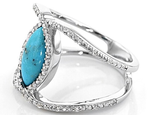8x6mm Marquise Cabochon Turquoise & .16ctw Round White Zircon Rhodium Over Silver Ring - Size 7