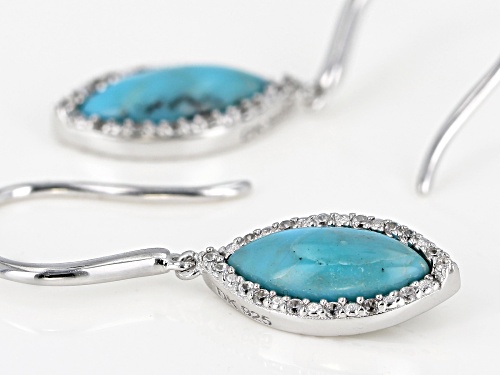 11x5mm Marquise Cabochon Turquoise & .15ctw  Round White Zircon Rhodium Over Silver Dangle Earrings