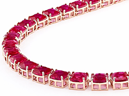 61.71CTW SQUARE CUSHION LAB CREATED RUBY 18K ROSE GOLD OVER STERLING SILVER TENNIS NECKLACE - Size 18