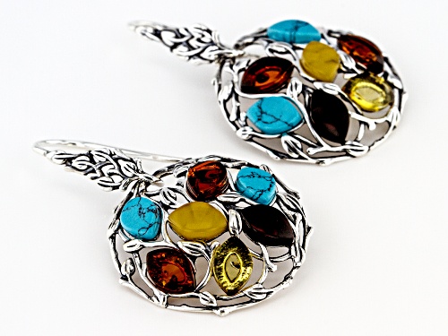 4X7mm mixed color amber and 4X7mm turquoise simulant antiqued sterling silver dangle earrings