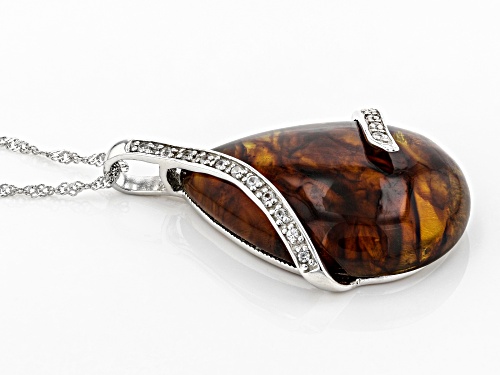 32X24MM PEAR SHAPE CABOCHON AMBER WITH .28CTW WHITE ZIRCON RHODIUM OVER  SILVER SLIDE WITH CHAIN