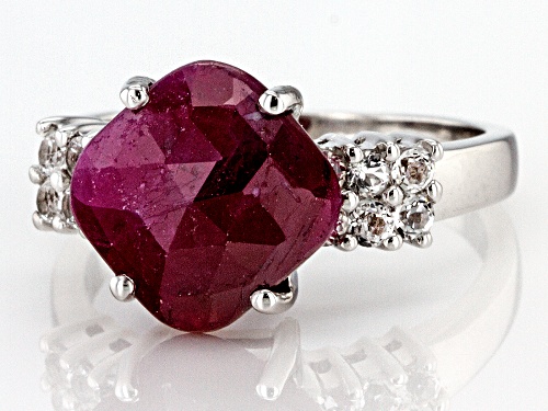 3.92ct Square Cushion Indian Ruby with .40ctw Round White Topaz Rhodium Over Sterling Silver Ring - Size 8