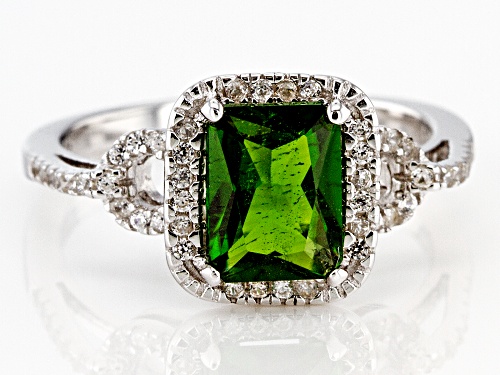 1.35ct rectangular chrome diopside with .39ctw round white zircon rhodium over sterling silver ring - Size 9