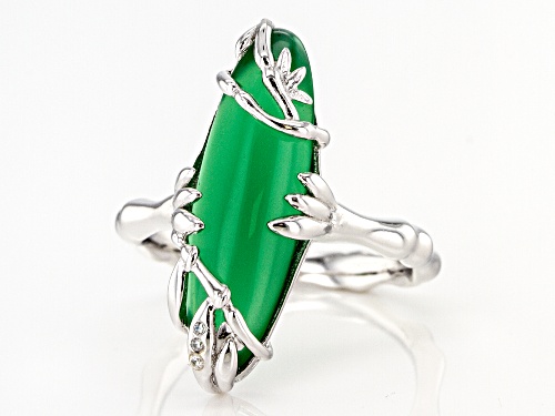 23x7MM MARQUISE CABOCHON GREEN ONYX WITH .02CTW WHITE ZIRCON RHODIUM OVER STERLING SILVER RING - Size 7