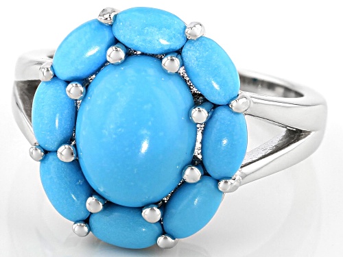 10x8mm and 5x3mm Oval Cabochon Sleeping Beauty Turquoise Rhodium Over Sterling Silver Ring - Size 8