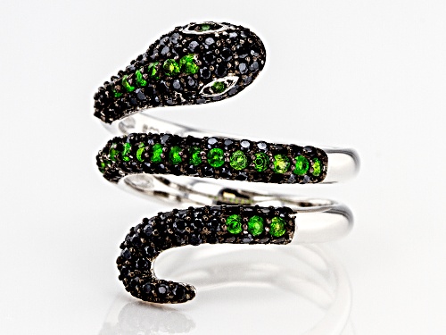 1.20ctw Black Spinel and 0.26ctw Chrome Diopside Rhodium Over Sterling Silver Bypass Ring - Size 6