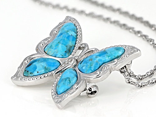 Free-form Turquoise Rhodium Over Sterling Silver Butterfly Brooch/Slide/Enhancer with Chain