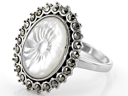 14X10MM OVAL MOTHER-OF-PEARL WITH ROUND MARCASITE RHODIUM OVER STERLING SILVER RING - Size 8