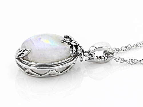 16X12MM OVAL CABOCHON RAINBOW MOONSTONE RHODIUM OVER SILVER ENCHANCER WITH CHAIN