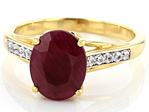 3.15ct oval Indian ruby with .17ctw round white zircon 18k yellow gold over sterling silver ring - Size 8