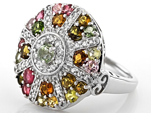 2.10ctw mixed-color tourmaline with .40ctw round white zircon rhodium over sterling silver ring - Size 7