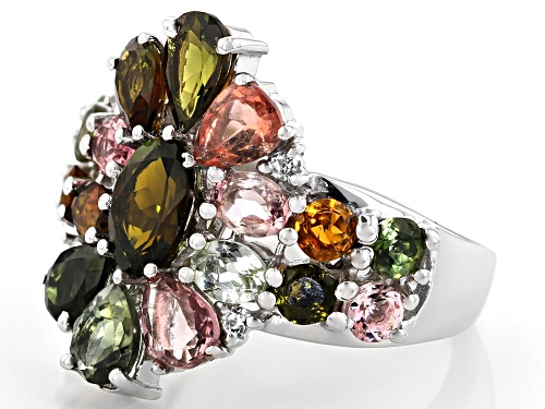 3.81ctw Mixed-Color & Shape Tourmaline with .05ctw White Zircon Rhodium Over Sterling Silver Ring - Size 10