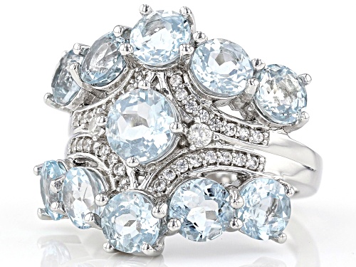 4.00CTW ROUND AQUAMARINE WITH .27CTW WHITE ZIRCON RHODIUM OVER STERLING SILVER RING - Size 8