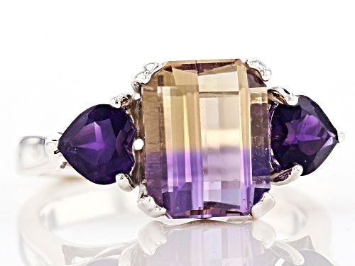 2.79ct Bi-Color Ametrine with .70ctw African Amethyst Rhodium Over Sterling Silver 3-Stone Ring - Size 8