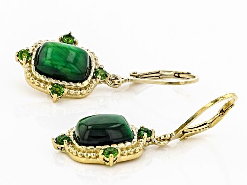 10X8MM CUSHION CABOCHON GREEN TIGER'S EYE WITH .60CTW CHROME DIOPSIDE 18K GOLD OVER SILVER EARRINGS