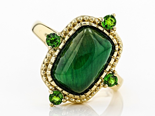 12x8mm Tigers Eye with .31ctw Russian Chrome Diopside 18k Yellow Gold Over Sterling Silver Ring - Size 9