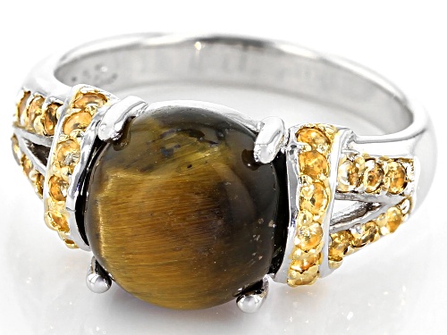 10mm Round Brown Tigers Eye with .28ctw Round Brazilian Citrine Rhodium Over Sterling Silver Ring - Size 9