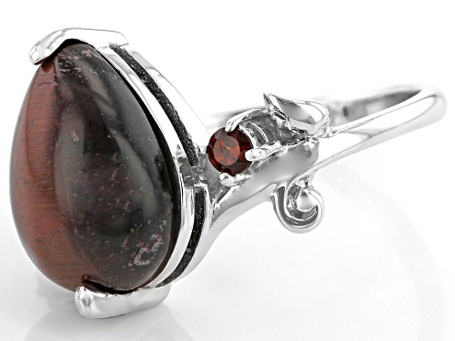 14x10mm Pear Shape Red Tigers Eye with .15ctw Vermelho Garnet™ Rhodium Over Sterling Silver Ring - Size 7