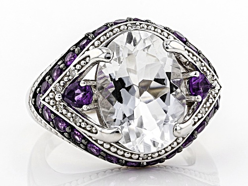 4.89ct Crystal Quartz with 1.11ctw Amethyst & Diamond Accent Rhodium Over Sterling Silver Ring - Size 8