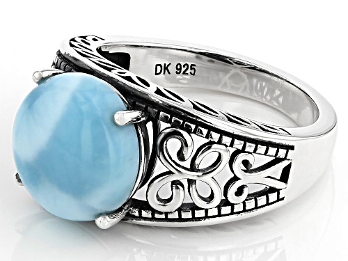 11mm Round Cabochon Larimar Rhodium Over Silver Solitaire Ring - Size 8