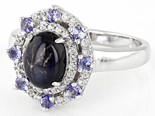 1.94ct Oval Star Sapphire With 0.28ctw Tanzanite And 0.35ctw White Zircon Rhodium Over Silver Ring - Size 8