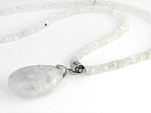 Free-Form Rainbow Moonstone Rhodium Over Sterling Silver Pendant With A Beaded Necklace