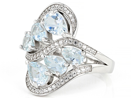 2.12ctw Pear Shaped Aquamarine with 0.32ctw Round White Zircon Rhodium Over Sterling Silver Ring. - Size 7
