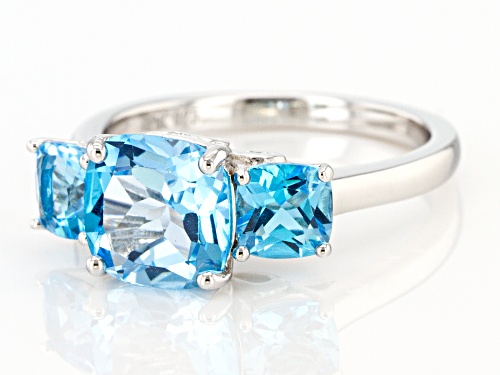 3.66ctw Square Cushion Swiss Blue Topaz Rhodium Over Sterling Silver 3-Stone Ring - Size 7