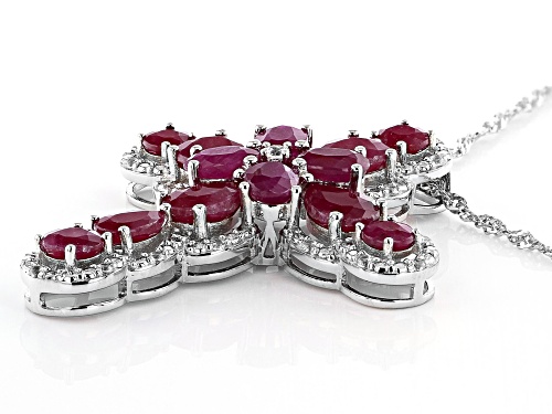 8.12ctw Mixed Shape Indian Ruby & .32ctw Zircon Rhodium Over Silver Cross Pendant With Chain
