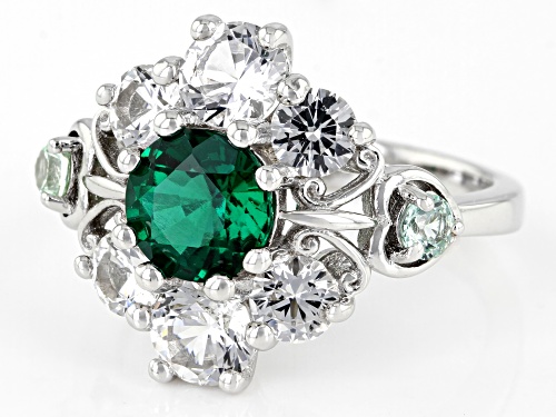 3.96ctw Lab Created Emerald, With Lab Created Green And White Sapphire, Rhodium Over Silver Ring - Size 7