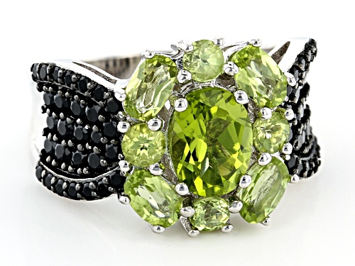1.93ctw Oval and .44ctw Round Manchurian Peridot™ with .98ctw Spinel Rhodium Over Silver Ring - Size 8