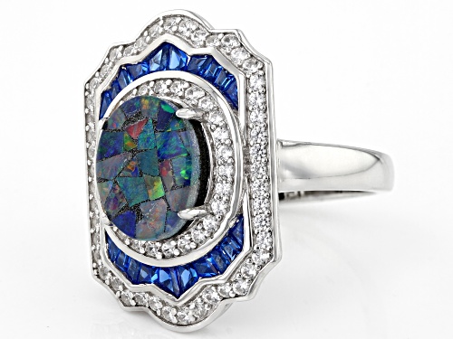 11X9mm Oval Mosaic Opal Triplet, 1.51ctw Lab Created Blue Spinel, Zircon Rhodium Over Silver Ring - Size 7