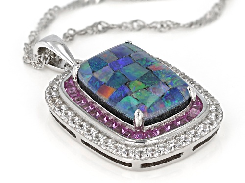 Cushion Mosaic Opal Triplet, 1.76ctw Lab Pink Sapphire And Zircon Rhodium Over Silver Pendant/Chain