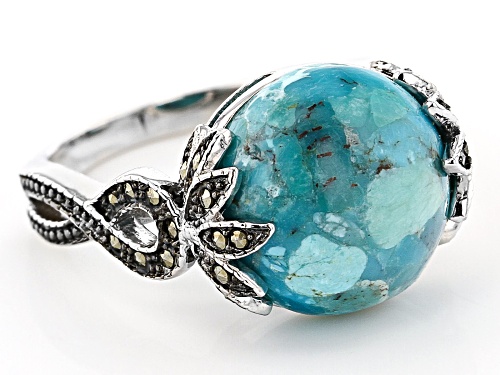 13mm Round Cabochon Composite Turquoise and 1mm Marcasite Rhodium Over Sterling Silver Ring - Size 7