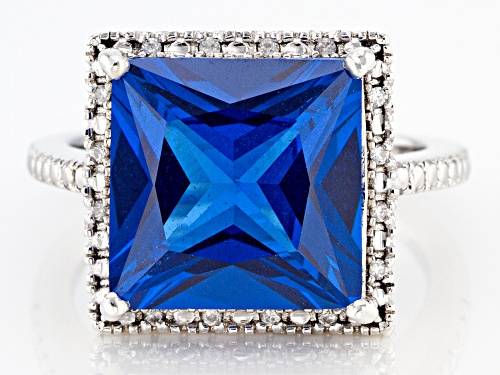 6.00ct Square Lab Created Blue Spinel and .07ctw Round Zircon Rhodium Over Sterling Silver Ring - Size 8
