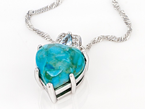 12mm Heart Shape Turquoise, .32ctw Topaz & Zircon Rhodium Over Silver Pendant W/ Chain