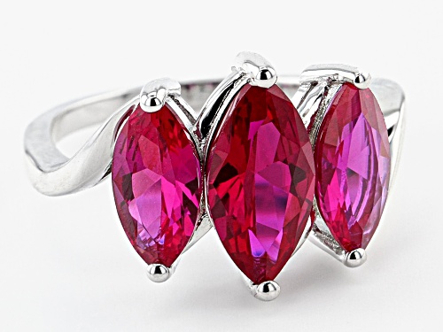 3.79ctw Marquise Lab Created Ruby Rhodium Over Sterling Silver 3-Stone Ring - Size 8