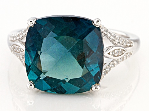 7.23ct Square Cushion Teal Fluorite and .17ctw Round White Zircon Rhodium Over Silver Ring - Size 7